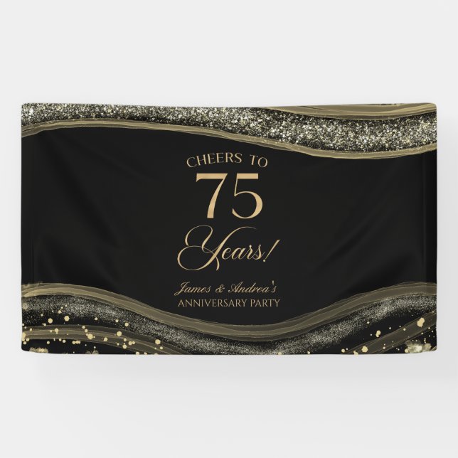 Lona Black Gold Agate 75th Wedding Anniversary Party (Horizontal)