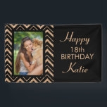 Lona Black Gold Chevron 18th Birthday Party Photo<br><div class="desc">Elegante y glamuroso cartel de fotos de la fiesta de cumpleaños número 18 con el purpurina negro y dorado chevron. Personaliza con una foto,  el nombre del invitado de honor y su edad. Personalizable para cualquier edad.</div>