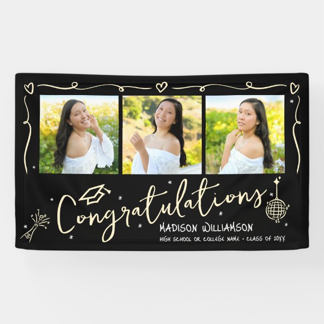 Lona Black Gold Hand Drawn Doodles Graduation 3 Photo (Horizontal)