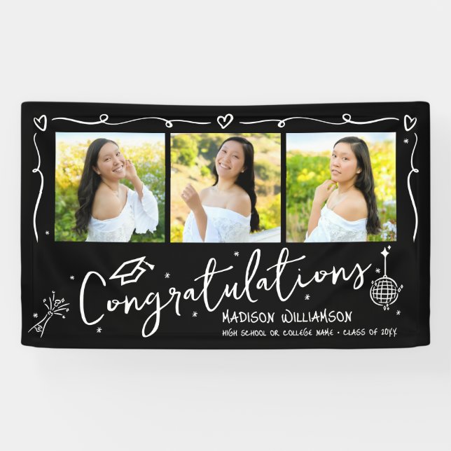 Lona Black Hand Drawn Style Doodles Graduation 3 Photo (Horizontal)