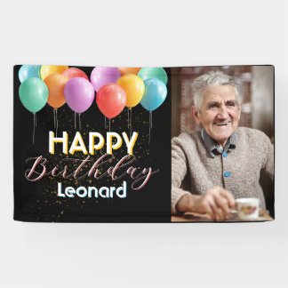 Lona Black Happy Birthday Custom Name Colorful Balloons