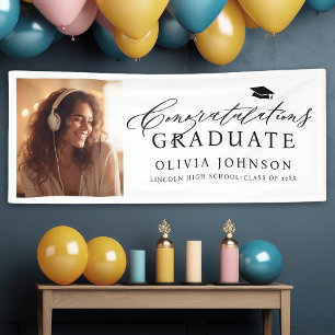 Lona Black Modern Caligraphy Photo Graduation Party