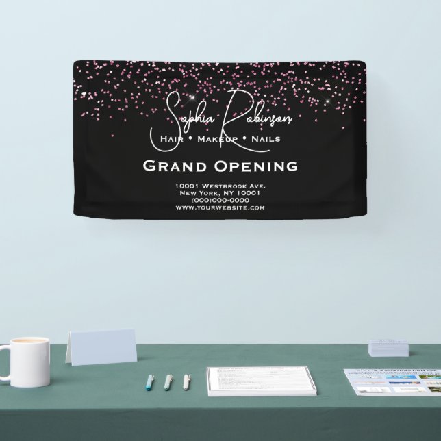 Lona Black & Pink Glitter Salon Grand Opening Banner (Feria)