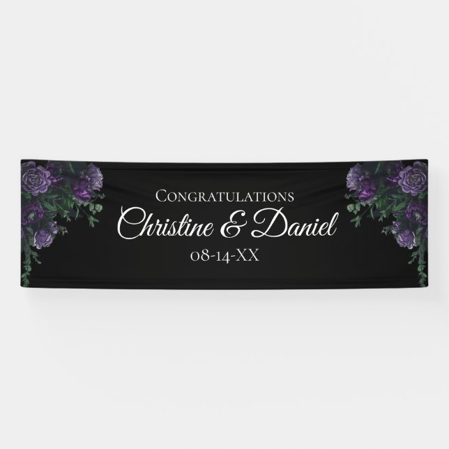Lona Black Purple Floral Elegant Wedding Gótico (Horizontal)