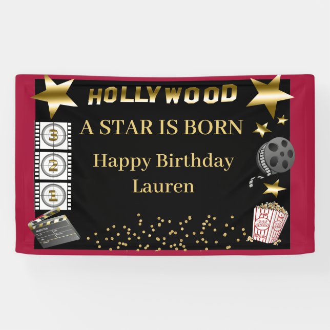 Lona Black Red Gold Hollywood Una estrella nace cumplea (Horizontal)