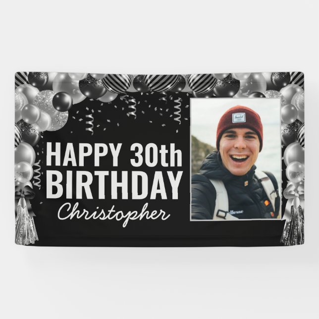 Lona Black Silver Balloon Confetti Photo Happy Birday (Horizontal)