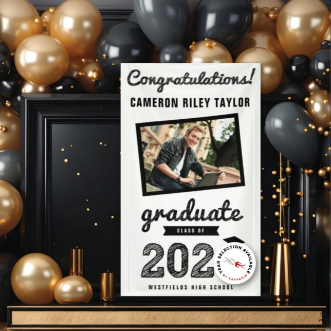 Lona Black Sketch 2025 Congrats Photo Graduation Party (20YY White & Black Sketch One Photo Modern Graduation Party Banner @ www.zazzle.com/color_therapy)