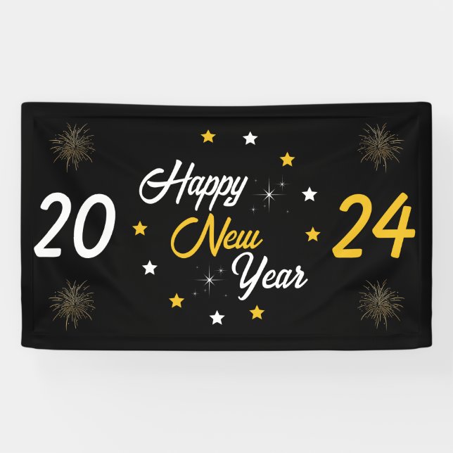 Lona Black White & Gold Star Feliz Año Nuevo 2024 (Horizontal)