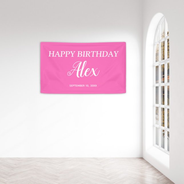 Lona Blanco Rosa Caliente Feliz cumpleaños Fecha (Hot pink and white custom birthday party banner)
