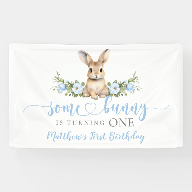 Lona Blue Floral Spring Rabbit Some Bunny 1st Birthday (Horizontal)