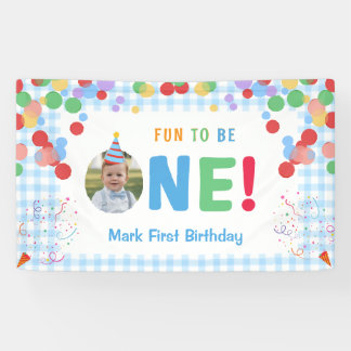Lona Blue Fun to Be One Photo First Birthday Banner