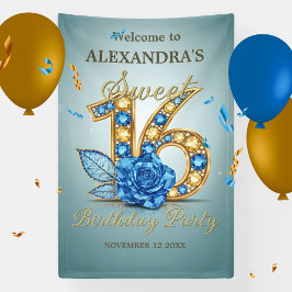 Lona Blue Gold Gemstones Crystal Rose Sweet 16 Welcome