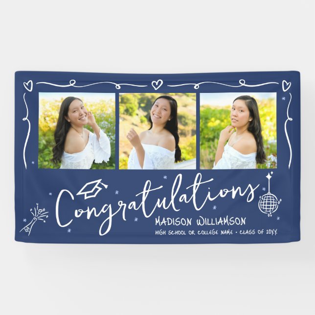Lona Blue Hand Drawn Style Doodles Graduation 3 Photo (Horizontal)
