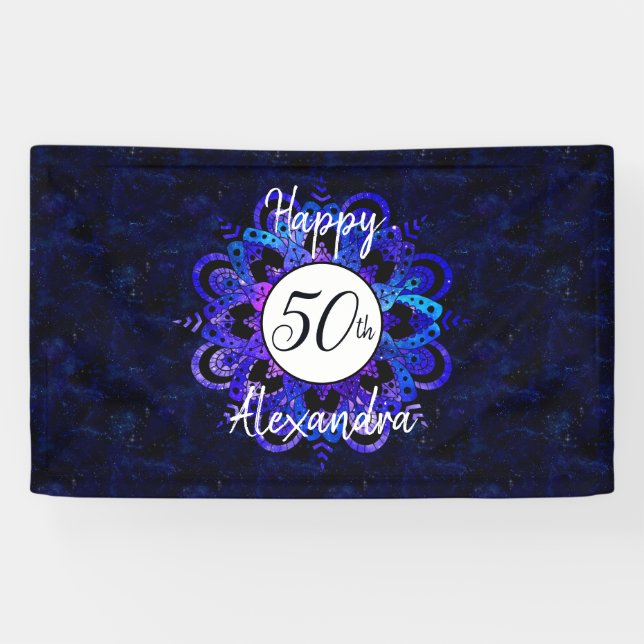 Lona Blue Mandala Space estrena Boho 50 cumpleaños (Horizontal)