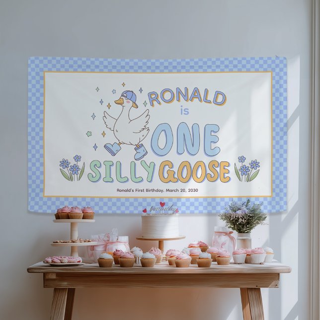 Lona Blue One Silly Goose - Fondo de Cumpleaños Número  (Blue One Silly Goose - Retro style Girl First Birthday Backdrop Banner- 1st Birthday decor.)