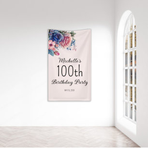 Lona Blue Pink Roses Floral Botanical 100 cumpleaños
