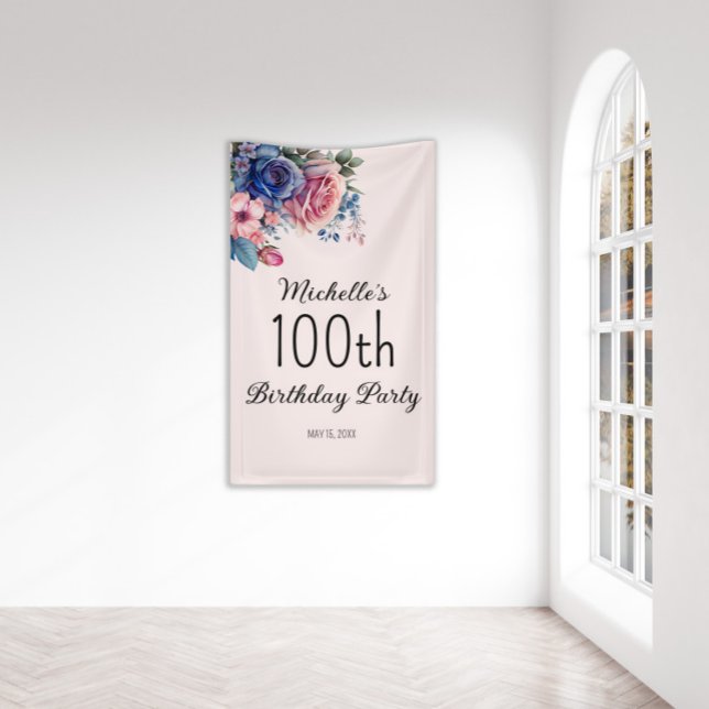 Lona Blue Pink Roses Floral Botanical 100 cumpleaños (Subido por el creador)