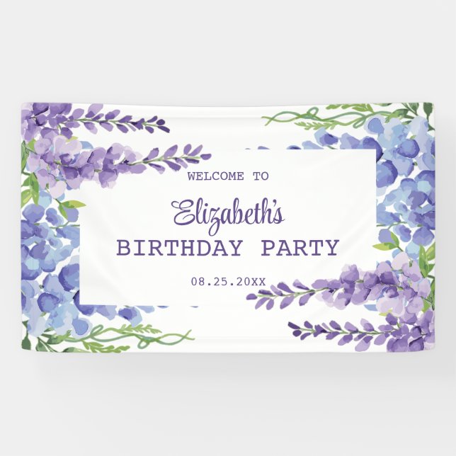 Lona Blue Purple Wisteria Floral Greeneration Cumpleaño (Horizontal)