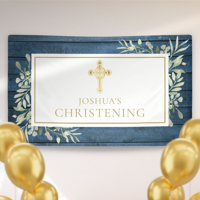 Lona Blue Rusage Gold Cross Baptism Christening (Blue Rustic Foliage Gold Cross Baptism Christening Banner)