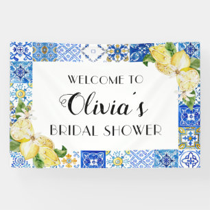 Lona Blue Tiles Lemon Bridal Shower Banner de bienvenid