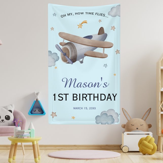 Lona Blue Vintage Airplane Sky 1st Birthday Celebration (Subido por el creador)