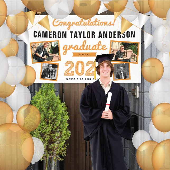 Lona Boceto de graduado 2026 Foto 4 Fiesta de graduado  (20YY White & Orange Sketch 4 Photo Modern Graduation Party Banner @ www.zazzle.com/color_therapy)
