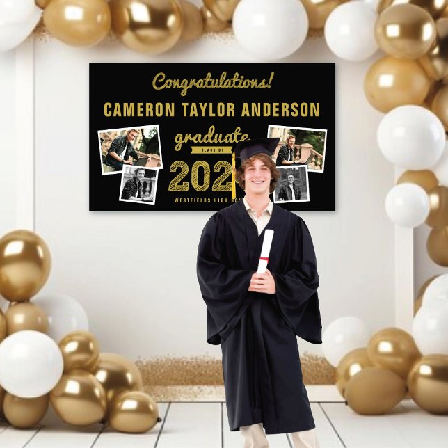 Lona Boceto de oro 2025 4 Fiesta de graduación de fotóg (2024 Black And Gold Sketch 4 Photo Modern Graduation Party Banner @ www.zazzle.com/color_therapy)