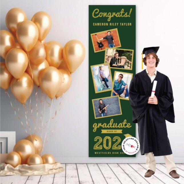 Lona Boceto de oro 2025 5 Partido de Graduación de Coll (20YY Dark Green & Gold Sketch, 5 Photo Graduation Party Banner @ www.zazzle.com/color_therapy)
