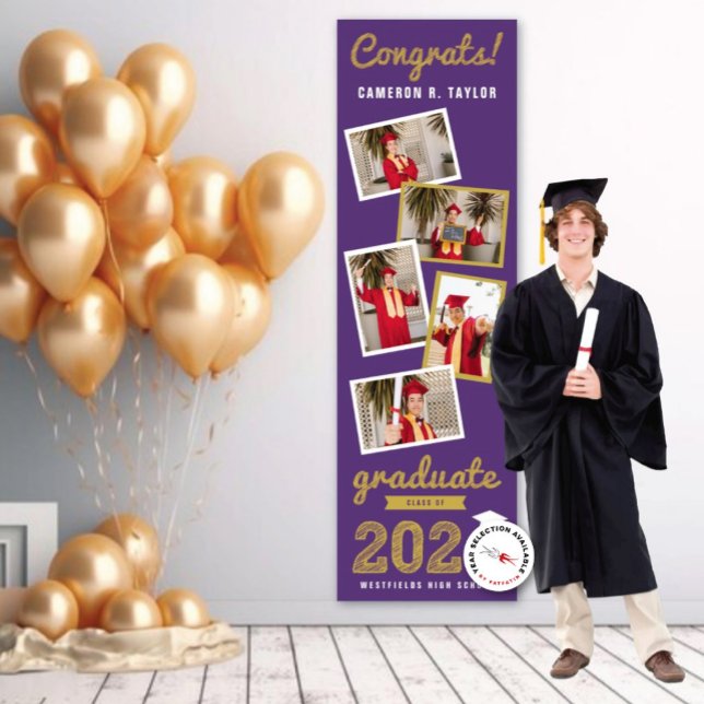 Lona Boceto de oro 2025 5 Partido de Graduación de Coll (20YY Purple & Gold Sketch, Modern 5 Photo Graduation Party Banner @ www.zazzle.com/color_therapy)