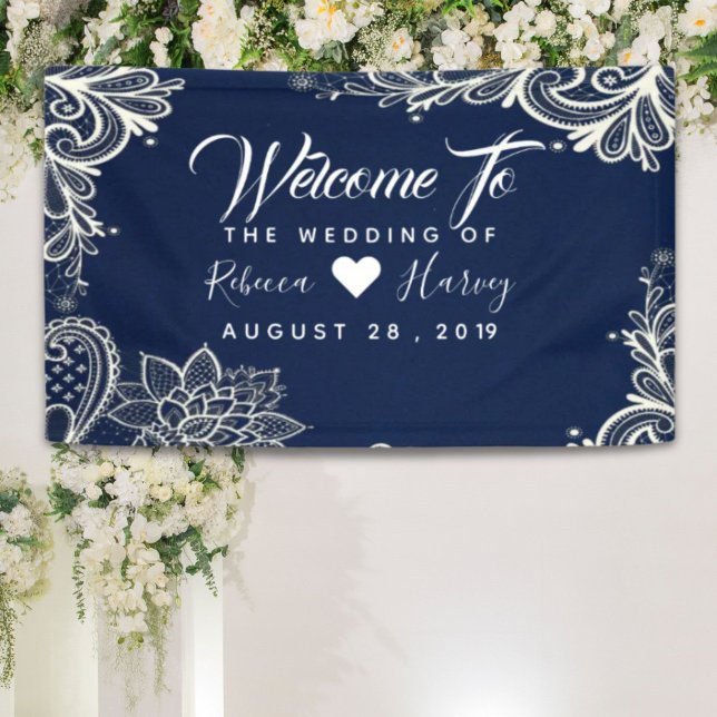 Lona boda azul marino de encaje blanco (nautical white lace navy blue wedding banner)