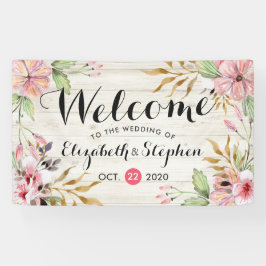 Lona Boda Bienvenida Watercolor Flor Rosa Madera Rusa