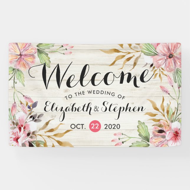 Lona Boda Bienvenida Watercolor Flor Rosa Madera Rusa (Horizontal)