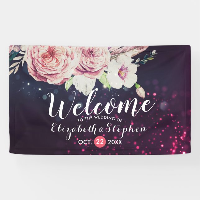 Lona Boda Bienvenidos Boho Floral Feather Purple Lights (Horizontal)