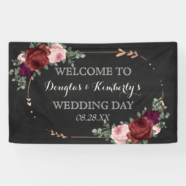 Lona Boda Boho Rosa de oro de Borgoña de Chalkboard Neg (Horizontal)