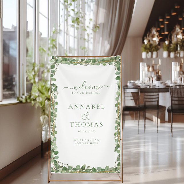 Lona Boda de "Bienvenida" a la vegetación (Greenery "Welcome" White, Wedding Banner with your Name and Date. )