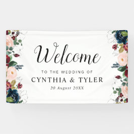 Lona boda de bienvenida con flores azul marino burdeos