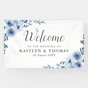 Lona boda de bienvenida con flores azules