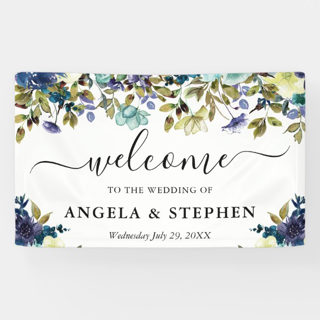 Lona Boda de Bienvenida con Flores Azules y Navy (Horizontal)