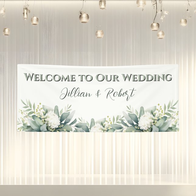 Lona Boda de bienvenida con flores suaves y vegetación (Soft Floral Greenery Welcome Wedding Banner)