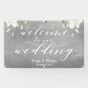 Lona Boda de bienvenida de Floral plateada con caligraf