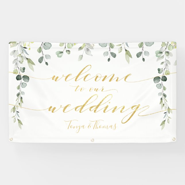 Lona Boda de bienvenida de Greenery & Fancy Gold Callig (Horizontal)