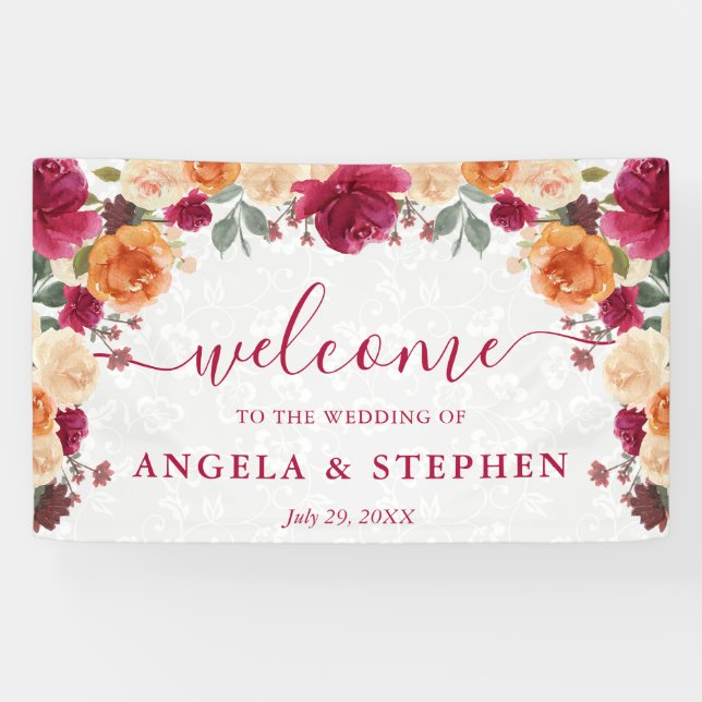 Lona Boda de bienvenida de otoño con flores rojas y nar (Horizontal)