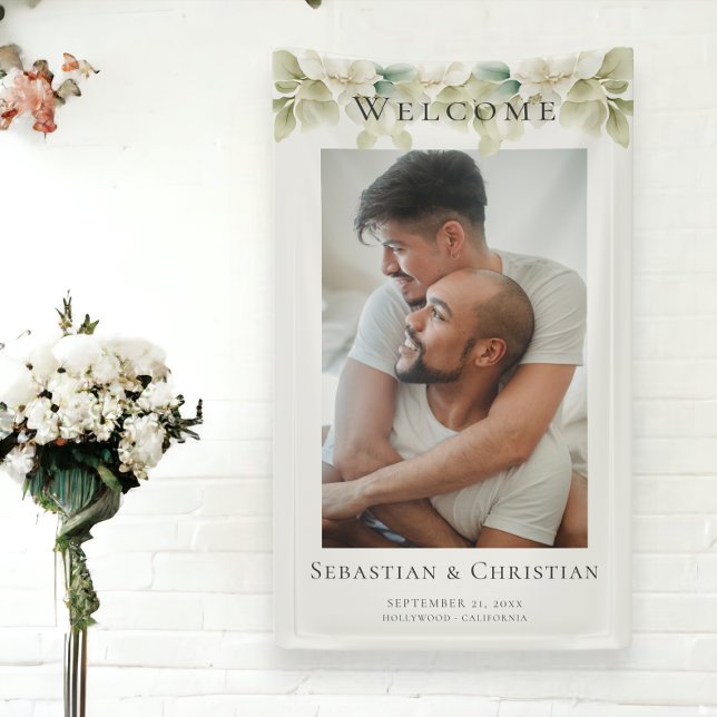 Lona Boda de bienvenida elegante de follaje fotográfico (Photo Elegant Foliage Welcome Wedding Banner from Ricaso)
