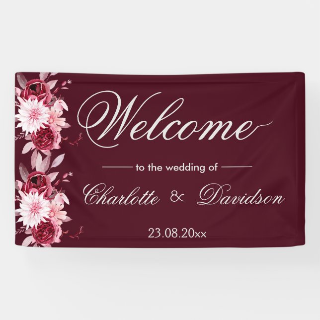 Lona Boda de bienvenida Red Burgundy Rubor Pink Waterco (Horizontal)