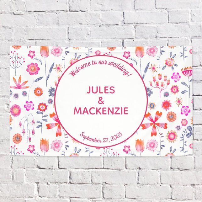 Lona Boda de Boho floral rosa moderno (Modern floral pink and white wedding welcome banner sign)
