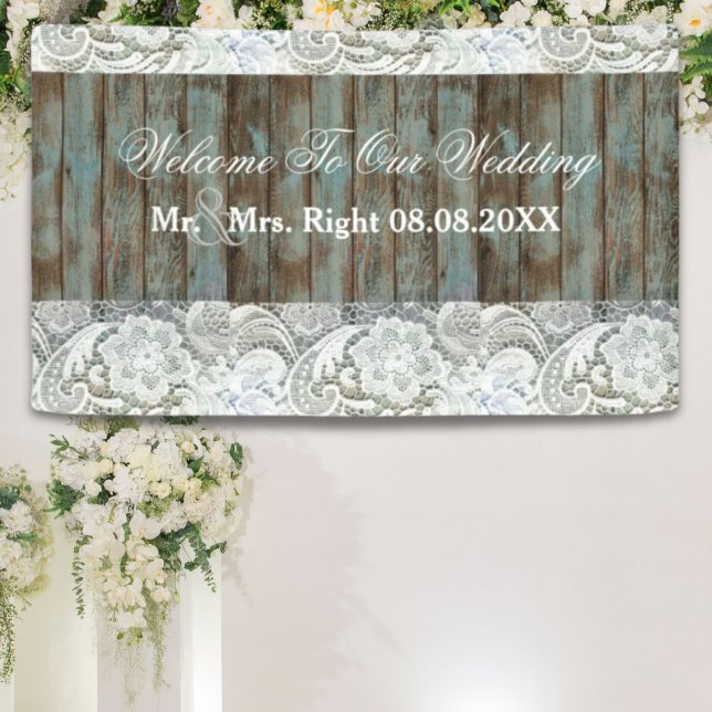 Lona boda de encaje de madera de granero azul de occide (western country blue barn wood lace wedding banner)