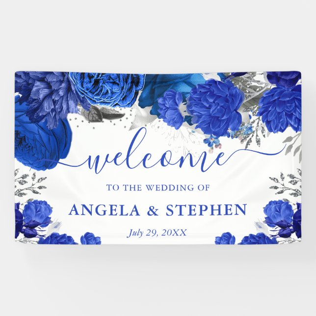 Lona Boda de flores azules y plateadas al acuarela (Horizontal)