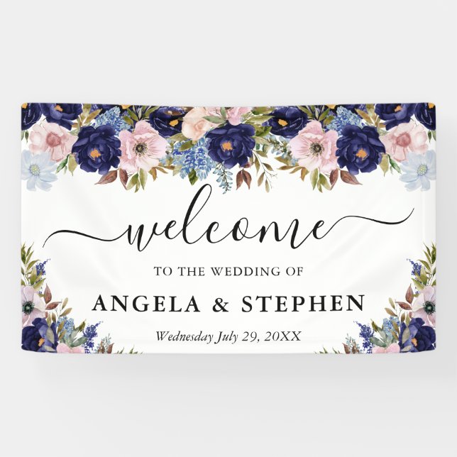 Lona Boda de flores Navy y crema Bienvenida (Horizontal)