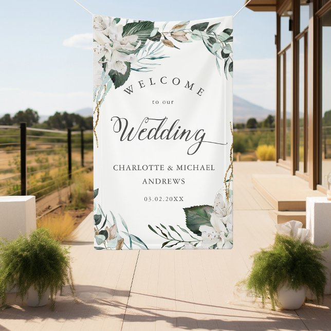 Lona Boda de Oro Eucalyptus (White Flowers Eucalyptus Gold Wedding Banner with your name & Date.)