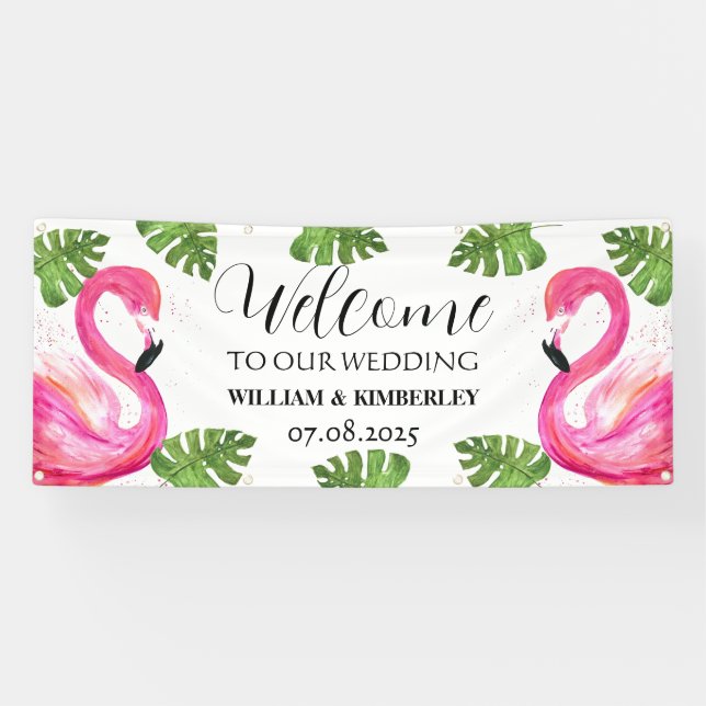 Lona Boda de Playa Tropical Flamingo Rosa (Horizontal)